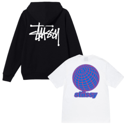 Ensemble Pull Stüssy Basic Noir & T-shirt 8 Ball Grid Blanc