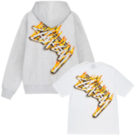 Pull Stüssy Burning Stock – Ensemble Hoodie Zippé Gris & T-shirt Blanc