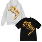 Pull Stüssy Burning Stock – Ensemble Hoodie Zippé Gris & T-shirt Noir